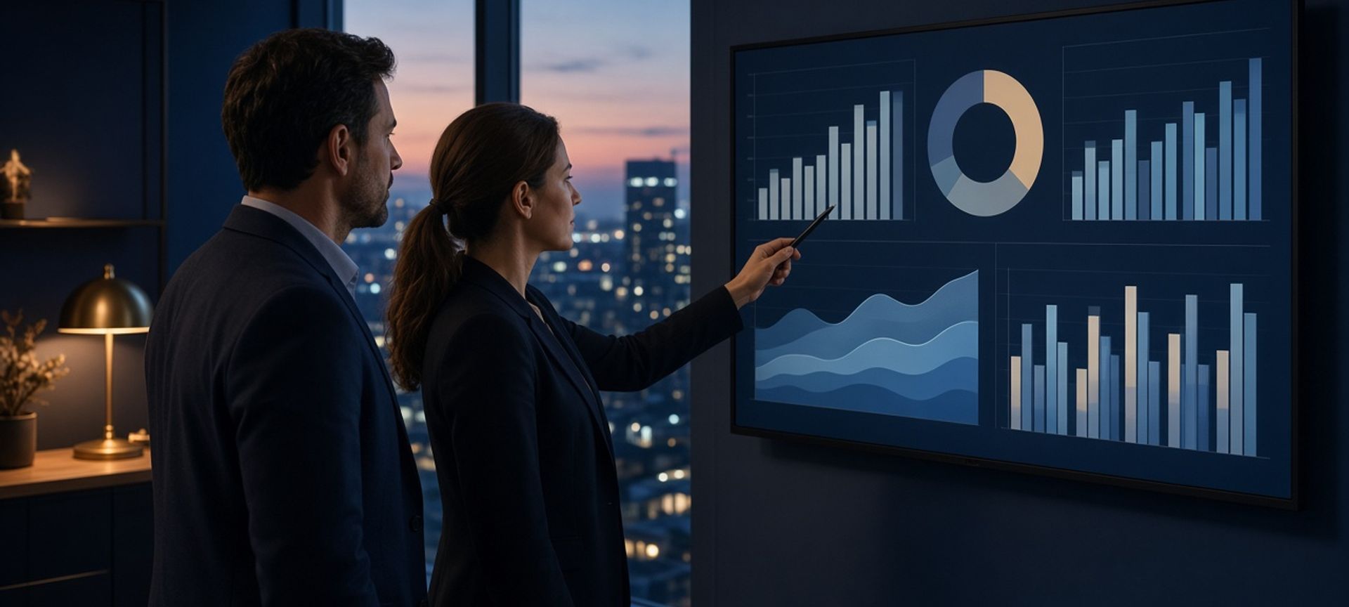 Two professionals at a wall-mounted monitor reviewing a reporting dashboard at dusk