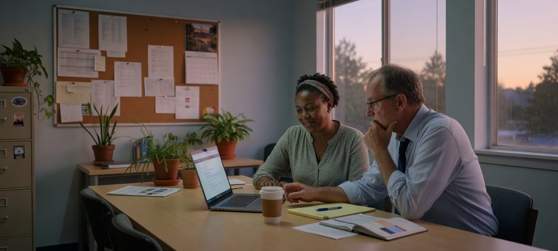 Two colleagues reviewing a laptop together in a community-services office at dusk