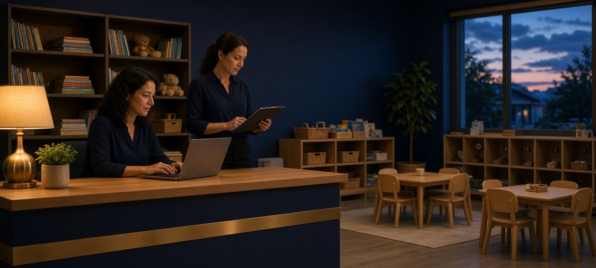 Two staff members updating a laptop at the front desk of an early learning center at dusk