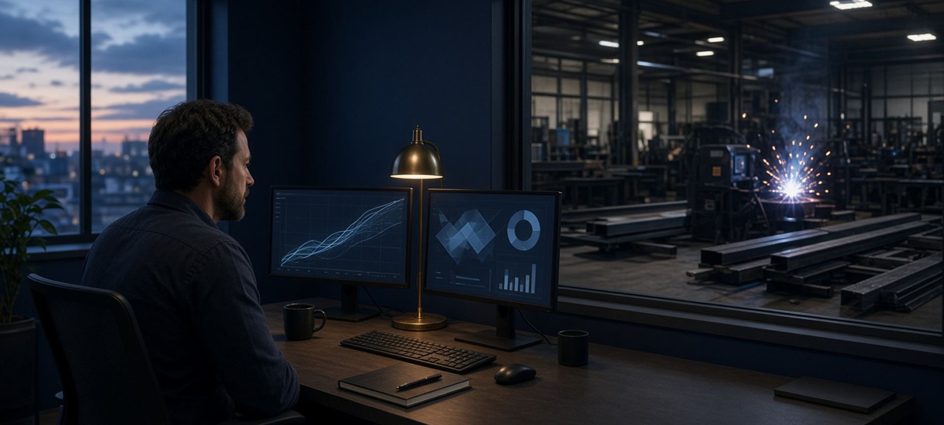 An estimator at dual monitors in an office overlooking a metal fabrication shop