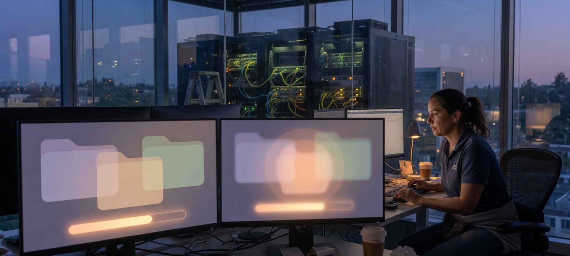 An operator at dual monitors in an office at dusk, with equipment racks beyond the glass