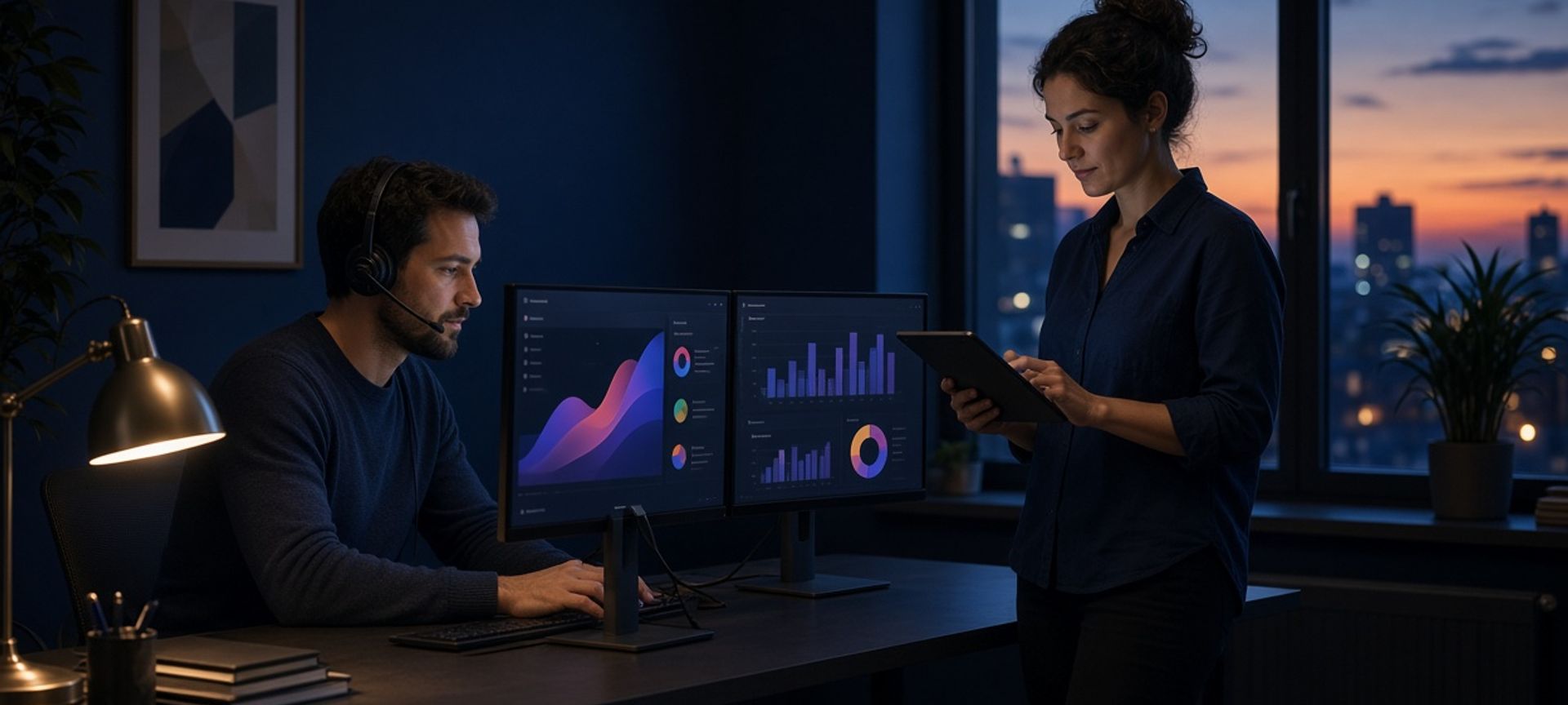 An IT technician with a headset at dual monitors while a colleague reviews a tablet