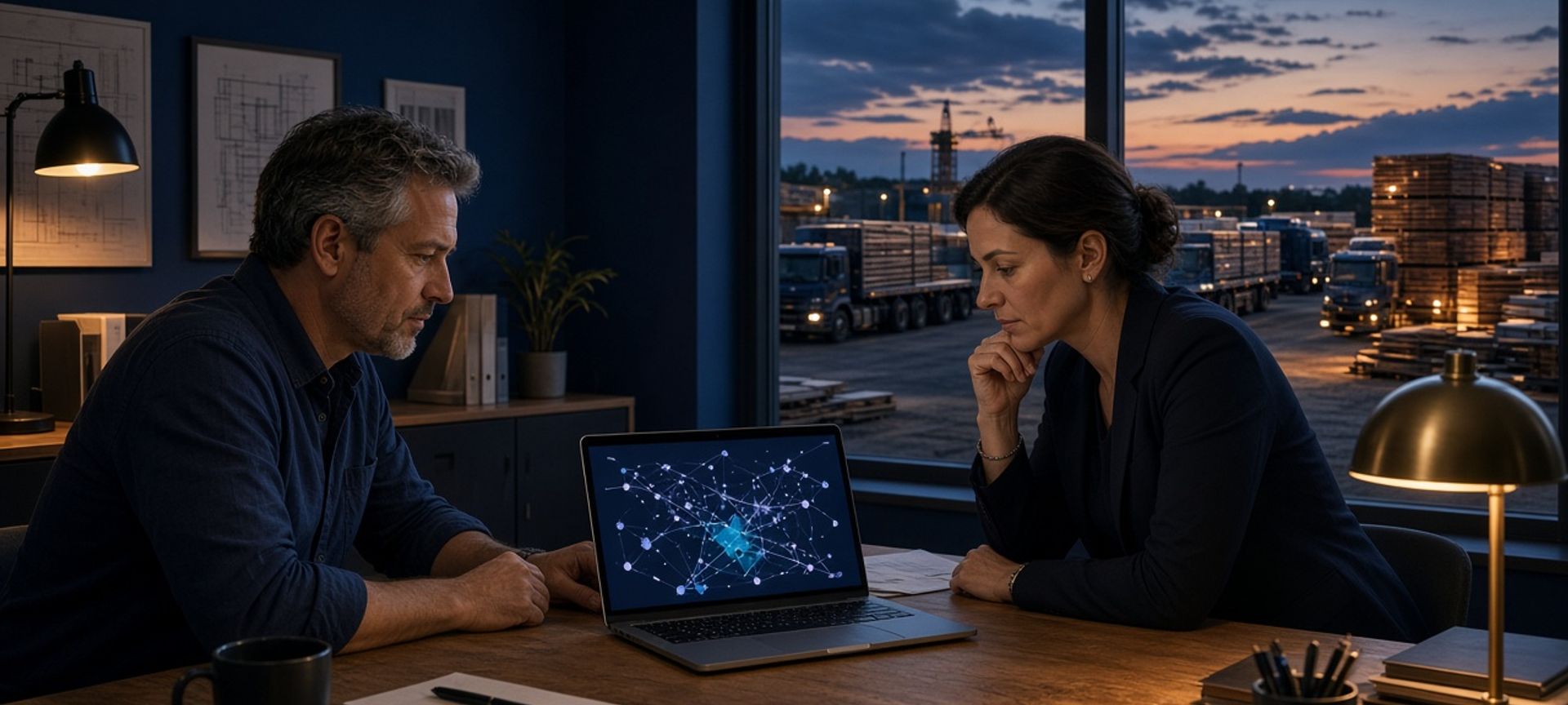 Two managers reviewing a laptop in a site office overlooking a supply yard with delivery trucks