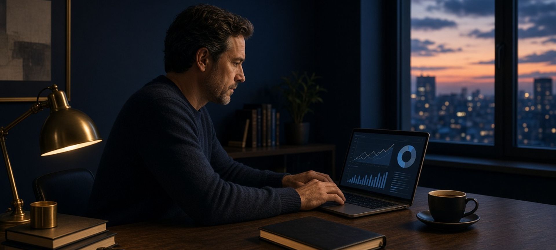A business owner reviewing financial charts on a laptop in a small office at dusk