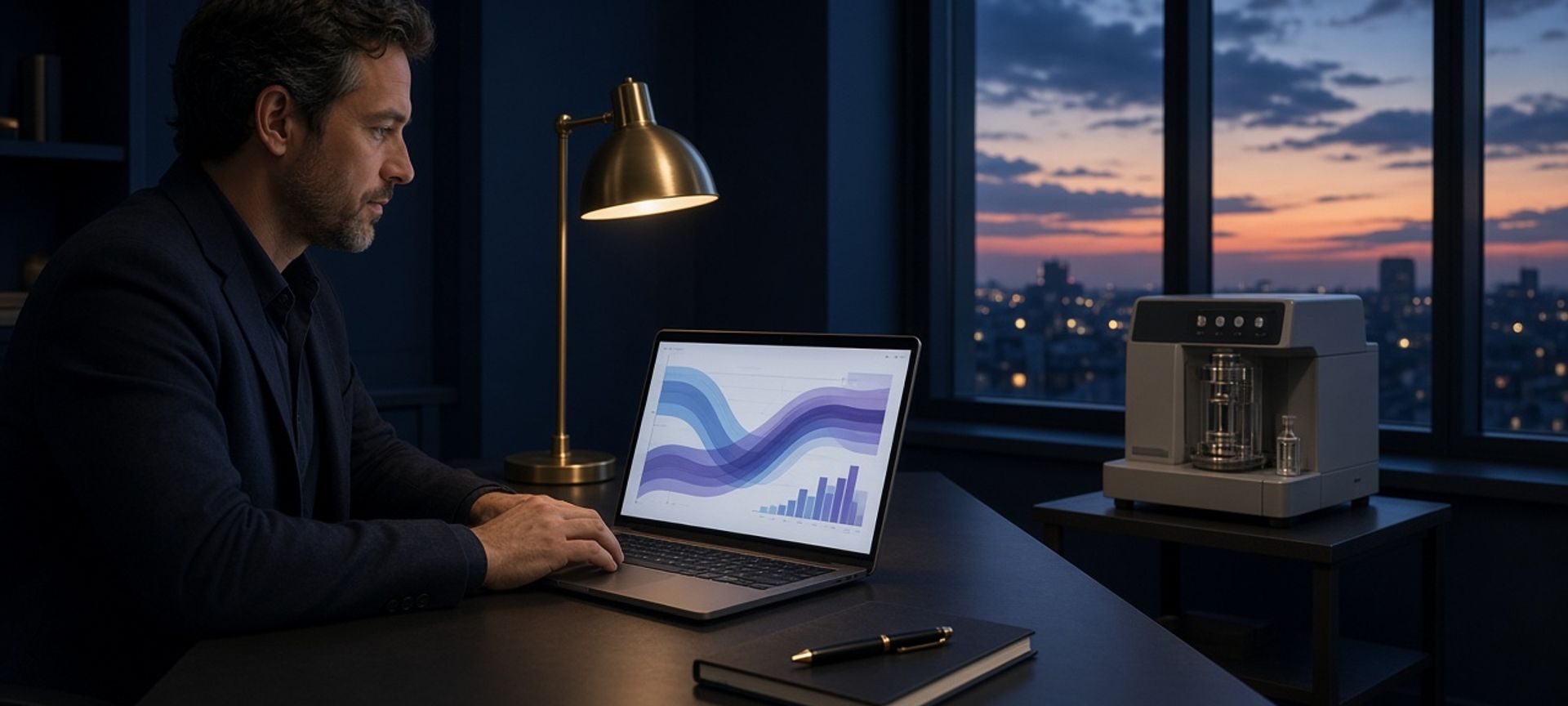 A sales manager reviewing a pipeline chart on a laptop beside a laboratory instrument