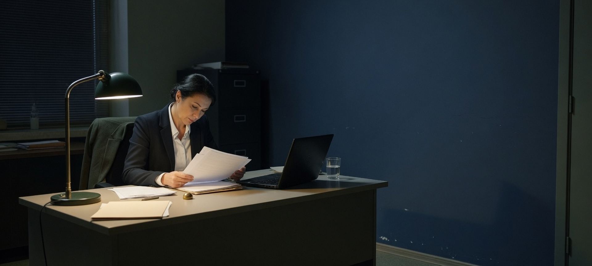 A professional reviewing a document on a laptop in a quiet office