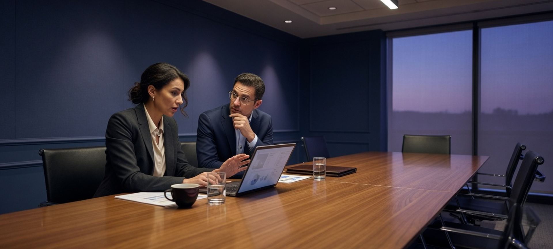 Two partners at a walnut table reviewing a laptop between meetings