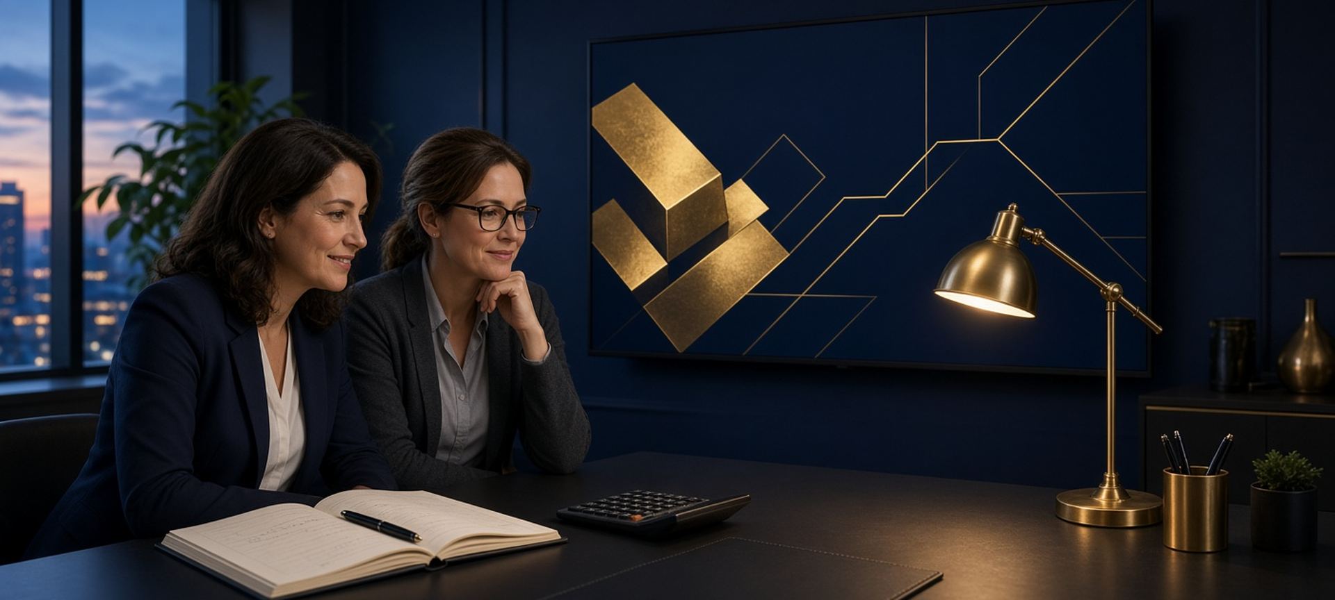 An owner and her bookkeeper reviewing a finance display beside a ledger and calculator at dusk