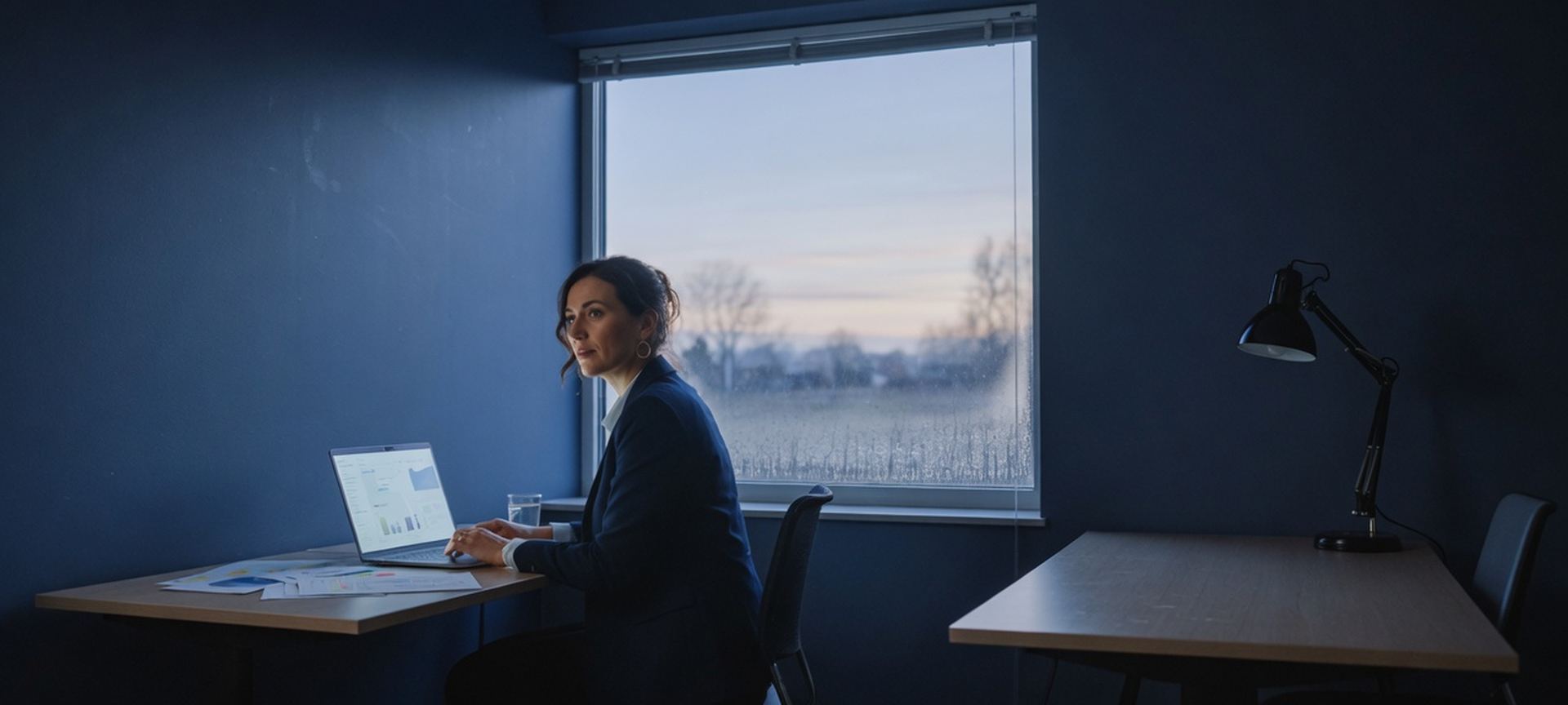 A professional at a laptop beside a dawn window, reviewing a plan