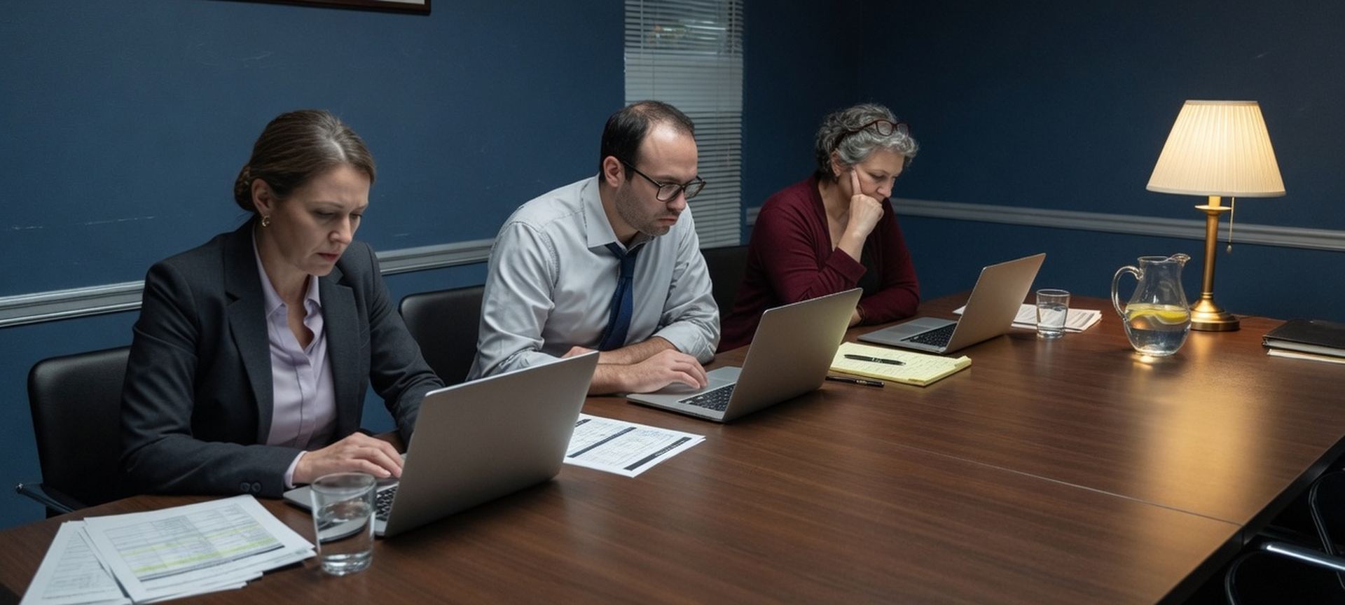 Three professionals working on laptops at a long office table