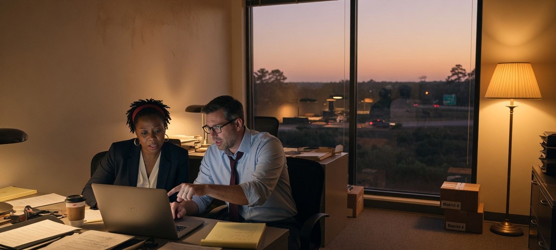 Professionals in a warm-lit office with a tall dusk window, reviewing a laptop