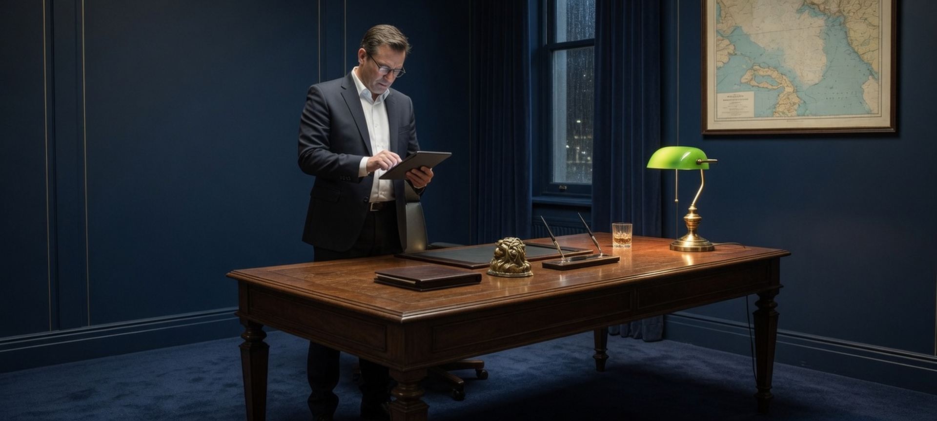 A professional standing at a high desk reading an agreement on a tablet