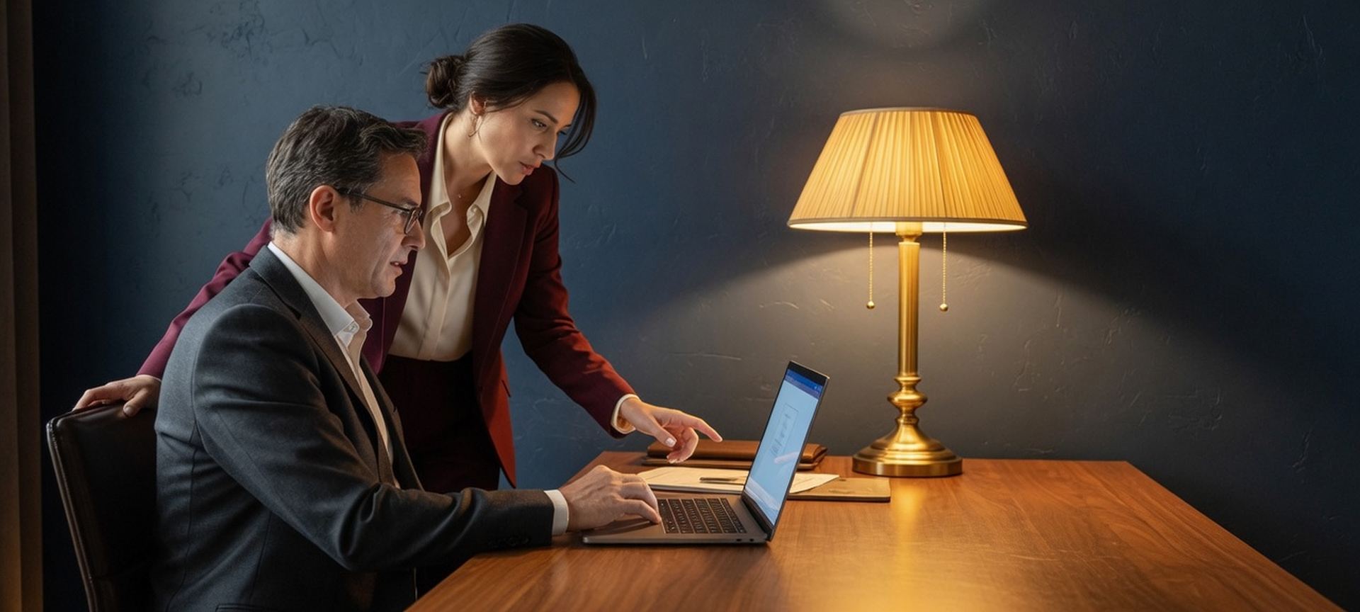 An advisor and a company owner reviewing a technology plan on a laptop