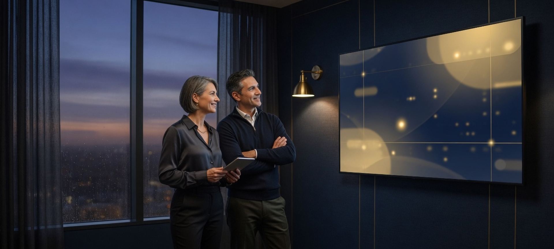 Two professionals in a dusk office looking at a wall-mounted technology dashboard